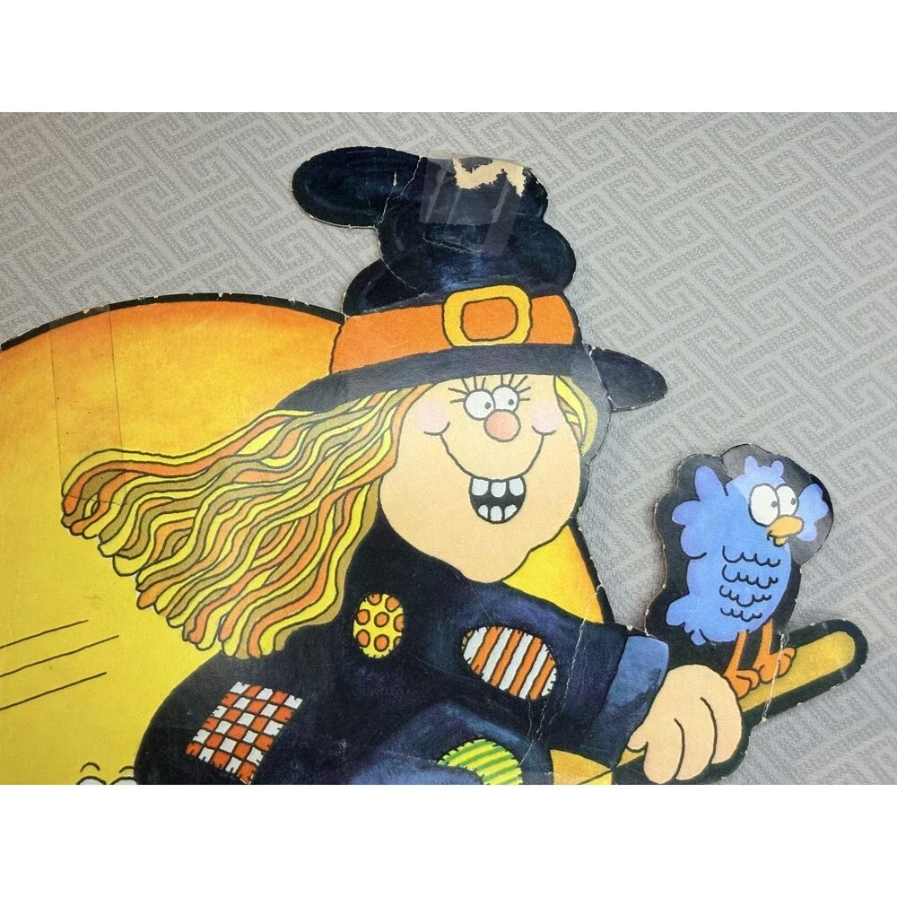 Vintage Halloween Die-Cut Decorations Witch Flying Moon & Haunted House
